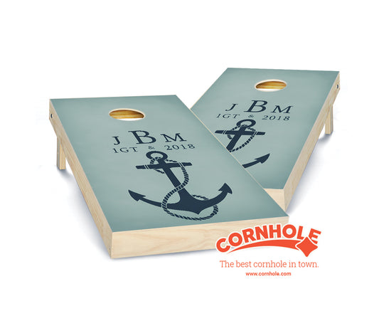 "Personalized Anchor on Seafoam Green Monogram & Date" Cornhole Boards