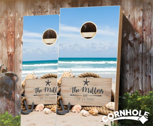 "Personalized Beachwashed Names & Date" Cornhole Boards