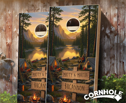 "Personalized Illustration Outdoor Adventure Sign" Cornhole Boards