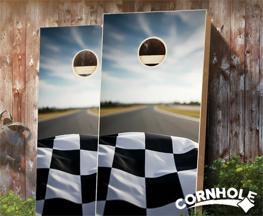 "Racing Flag on Roadway" Cornhole Boards