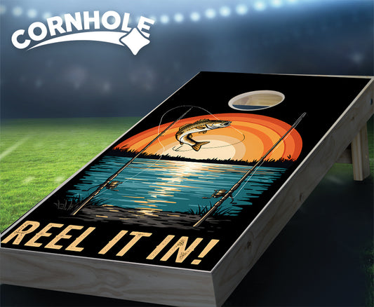 "Reel it In Bass Line - Jumping Fish out of Water & Sunset" Cornhole Boards