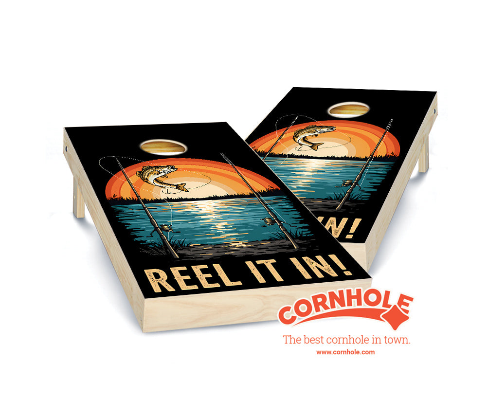 "Reel it In Bass Line - Jumping Fish out of Water & Sunset" Cornhole Boards