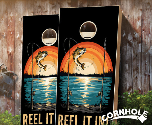 "Reel it In Bass Line - Jumping Fish out of Water & Sunset" Cornhole Boards