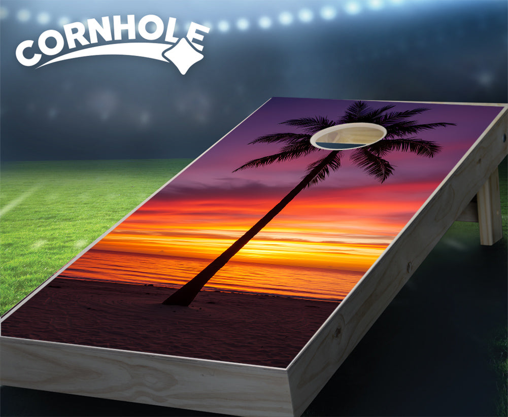 "Single Palm Tree & Sunset" Cornhole Boards