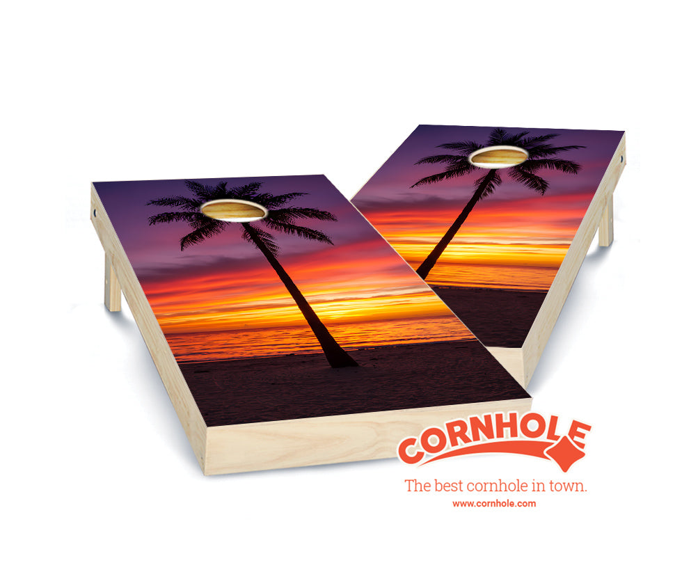 "Single Palm Tree & Sunset" Cornhole Boards