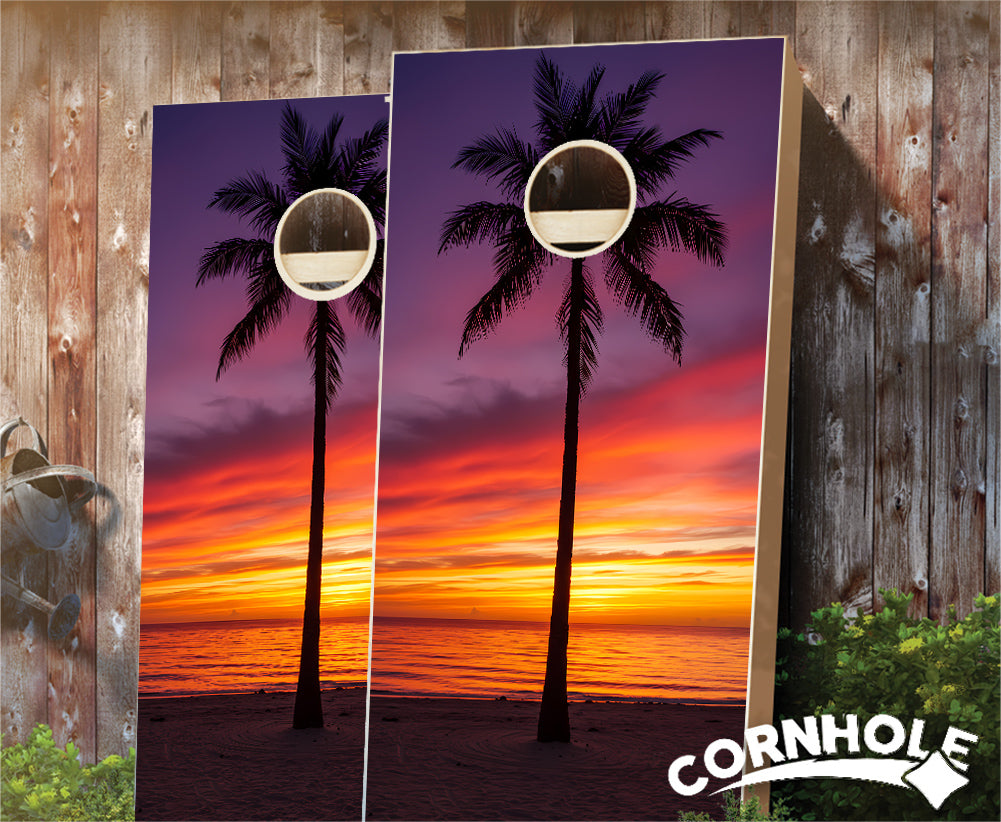 "Single Palm Tree & Sunset" Cornhole Boards