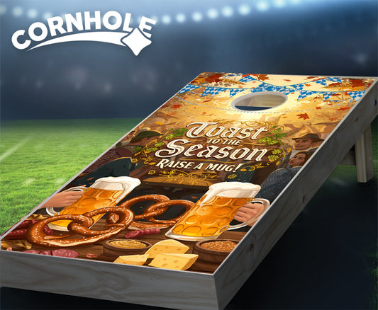 "Toast to the Season - Raise a Mug Oktoberfest" Cornhole Boards