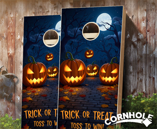 "Trick or Treat - Toss to Win. Jack-O-Lanterns" Cornhole Boards