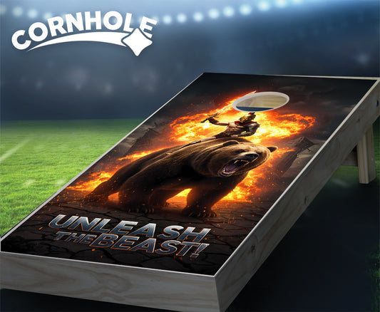 "Unleash the Beast - Spartan Riding a Bear with Flame Sword" Cornhole Boards