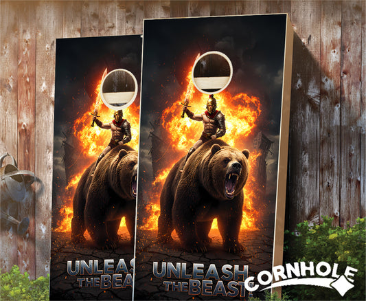 "Unleash the Beast - Spartan Riding a Bear with Flame Sword" Cornhole Boards