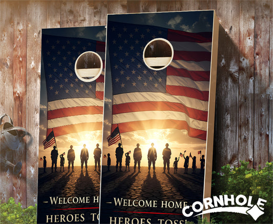 "Welcome Home Heroes - Toss American Flag Soldiers" Cornhole Boards