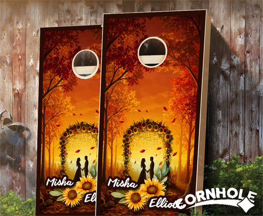 "Autumn Sunflower Arch Suncast Gold & Fire" Cornhole Boards