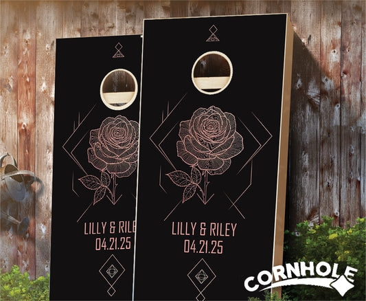 "Carved Copper Rose on Black" Cornhole Boards