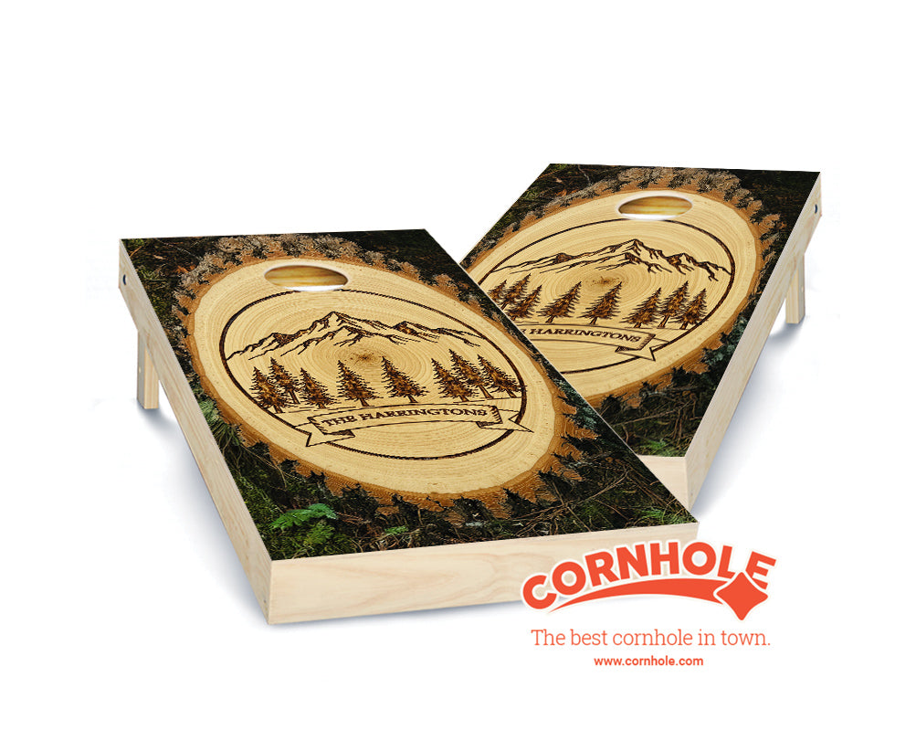 "Wood Burned Mountains & Name" Cornhole Boards