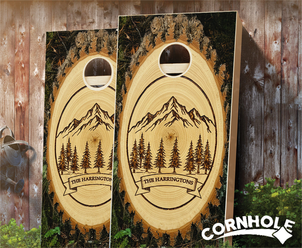 "Wood Burned Mountains & Name" Cornhole Boards